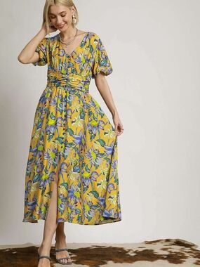 Umgee Yellow Floral Maxi Dress with V-Neck